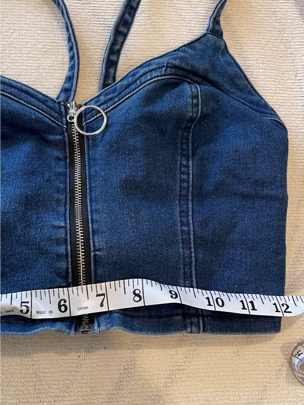 Denim Zip-Front Crop Tank Top - Dark Blue